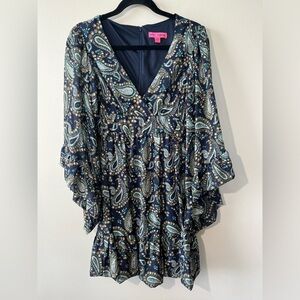 Betsey Johnson Blue Green Ruffled Midi Dress Women 6 Bell Sleeve Paisley‎ Boho